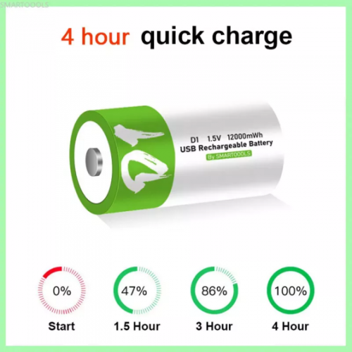 USB D Lithium ion Rechargeable Battery, High Capacity 1.5V 12000mWh Rechargeable D Battery, 4 H Fast Charge
