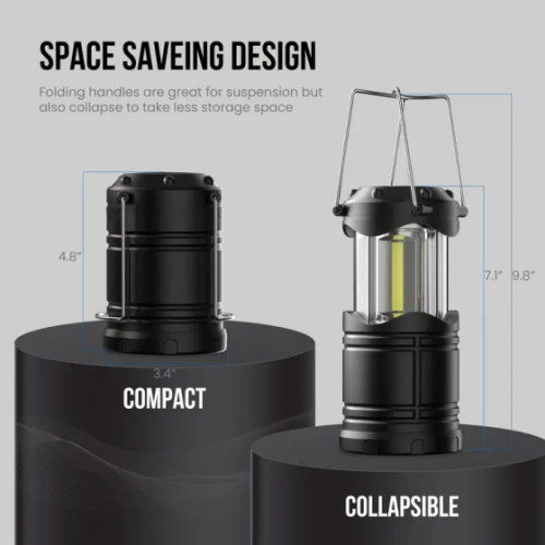 LED Camping Lanterns, Battery Powered Camping Lights COB Super Bright Collapsible Flashlight Portable Emergency - Black