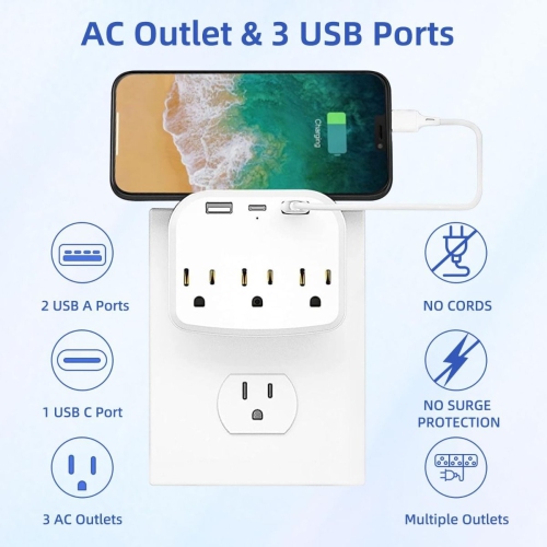 Compact Travel Power Strip with 2 USB Ports for Charging Electronics on Cruise Ships