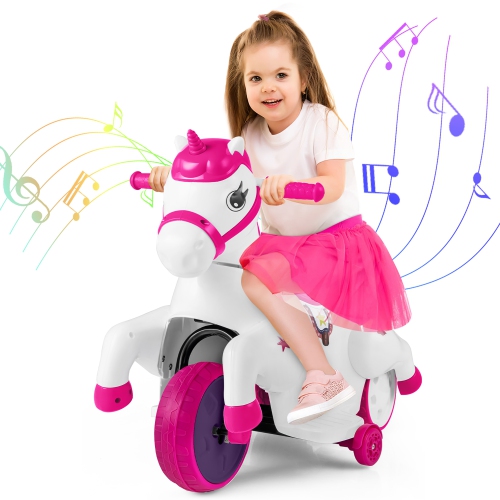 GYMAX  12V Kids Ride On Unicorn Toy W/ Training Wheels Music One-Button Start Horse Toy