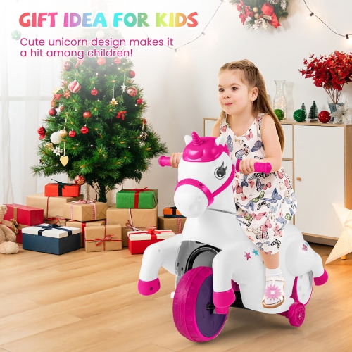 Gymax 12V Kids Ride on Unicorn Toy w/ Training Wheels Music One-button Start Horse Toy