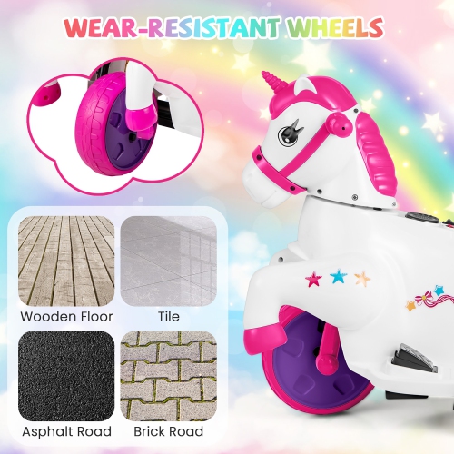 Gymax 12V Kids Ride on Unicorn Toy w/ Training Wheels Music One-button Start Horse Toy