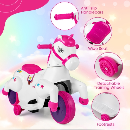 Gymax 12V Kids Ride on Unicorn Toy w/ Training Wheels Music One-button Start Horse Toy