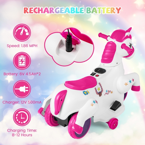 Gymax 12V Kids Ride on Unicorn Toy w/ Training Wheels Music One-button Start Horse Toy