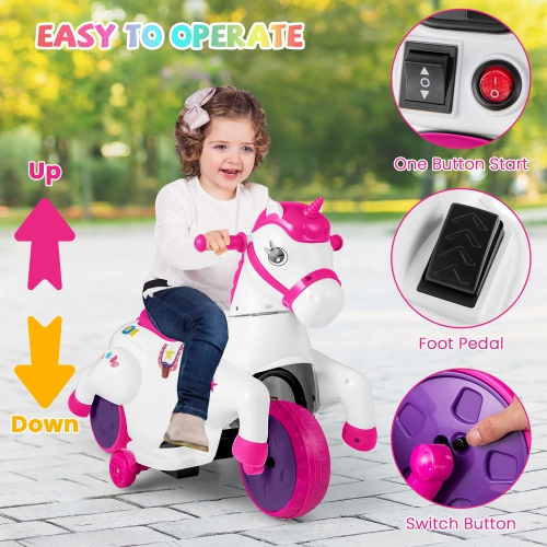 Gymax 12V Kids Ride on Unicorn Toy w/ Training Wheels Music One-button Start Horse Toy