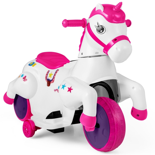 Gymax 12V Kids Ride on Unicorn Toy w/ Training Wheels Music One-button Start Horse Toy