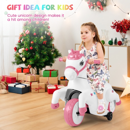 Gymax 12V Kids Ride on Unicorn Toy w/ Training Wheels Music One-button Start Horse Toy