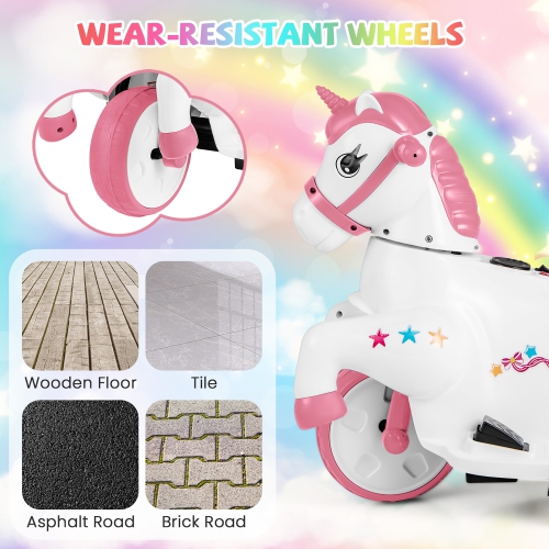 Gymax 12V Kids Ride on Unicorn Toy w/ Training Wheels Music One-button Start Horse Toy