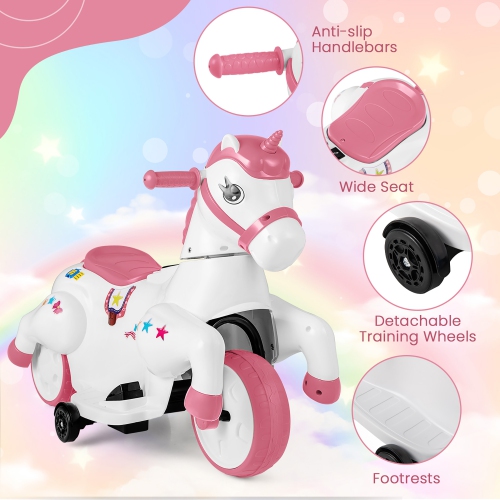 Gymax 12V Kids Ride on Unicorn Toy w/ Training Wheels Music One-button Start Horse Toy