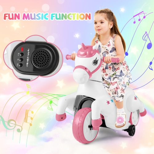 Gymax 12V Kids Ride on Unicorn Toy w/ Training Wheels Music One-button Start Horse Toy