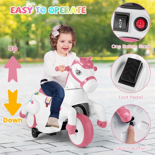 Gymax 12V Kids Ride on Unicorn Toy w/ Training Wheels Music One-button Start Horse Toy