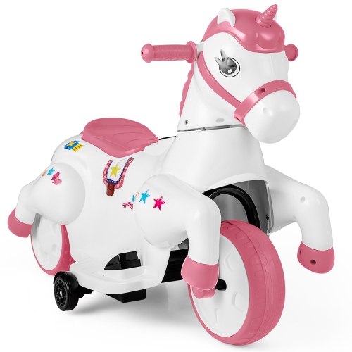 Gymax 12V Kids Ride on Unicorn Toy w/ Training Wheels Music One-button Start Horse Toy