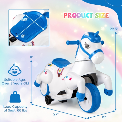 Gymax 12V Kids Ride on Unicorn Toy w/ Training Wheels Music One-button Start Horse Toy