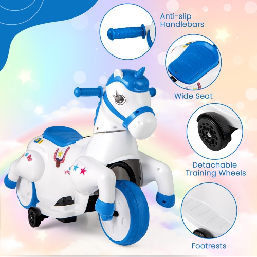Gymax 12V Kids Ride on Unicorn Toy w/ Training Wheels Music One-button Start Horse Toy