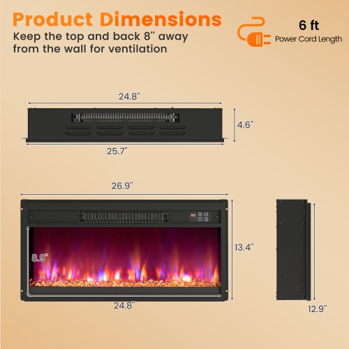 Gymax 26'' Electric Fireplace Insert Recessed 1500W Fireplace Heater w/ Remote Control
