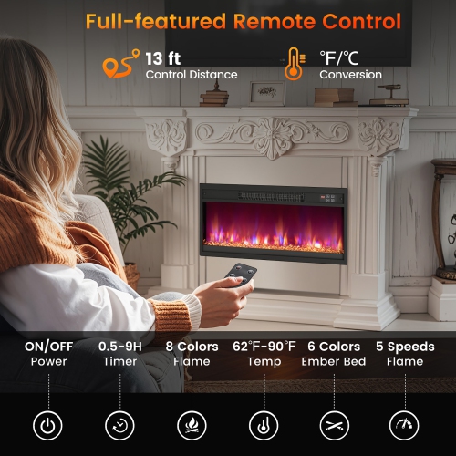 Gymax 26'' Electric Fireplace Insert Recessed 1500W Fireplace Heater w/ Remote Control