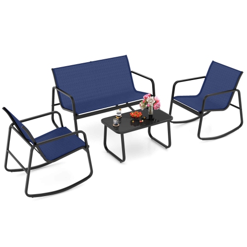 Costway 4 PCS Patio Rocking Set 2 Rocking Chairs & Loveseat with Glass-Top Table Outdoor Navy