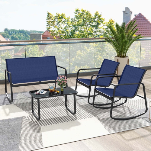 Costway 4 PCS Patio Rocking Set 2 Rocking Chairs & Loveseat with Glass-Top Table Outdoor Navy