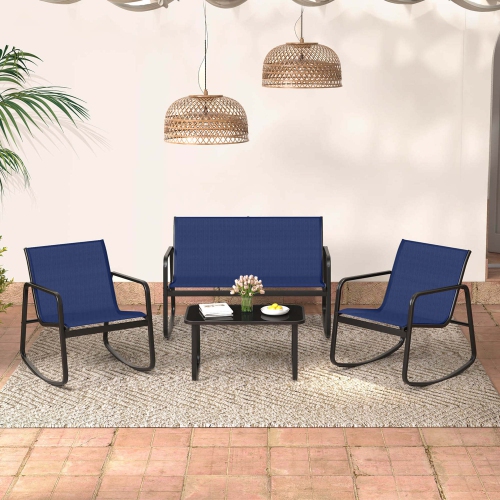 Costway 4 PCS Patio Rocking Set 2 Rocking Chairs & Loveseat with Glass-Top Table Outdoor Navy