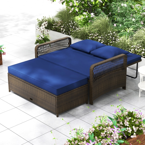 Gymax Patio Rattan Daybed Wicker Loveseat Sofa w/ Multifunctional Ottoman Navy