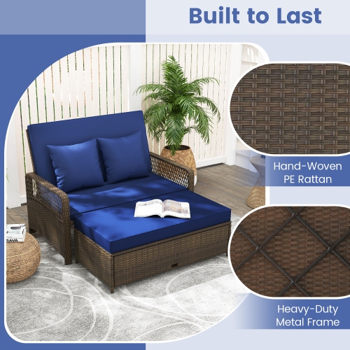 Gymax Patio Rattan Daybed Wicker Loveseat Sofa w/ Multifunctional Ottoman Navy