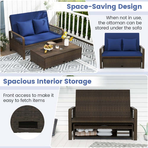 Gymax Patio Rattan Daybed Wicker Loveseat Sofa w/ Multifunctional Ottoman Navy