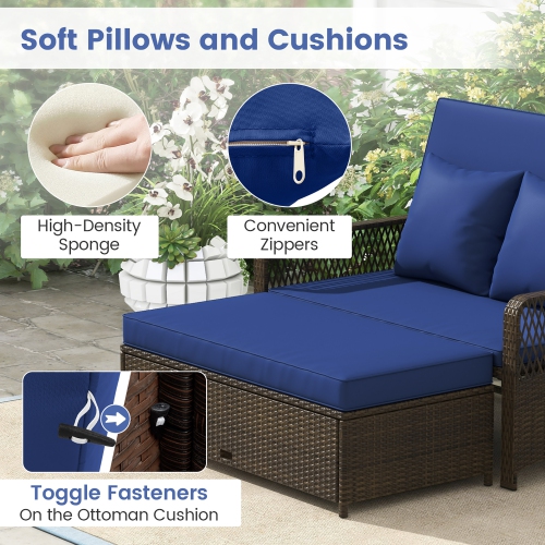 Gymax Patio Rattan Daybed Wicker Loveseat Sofa w/ Multifunctional Ottoman Navy