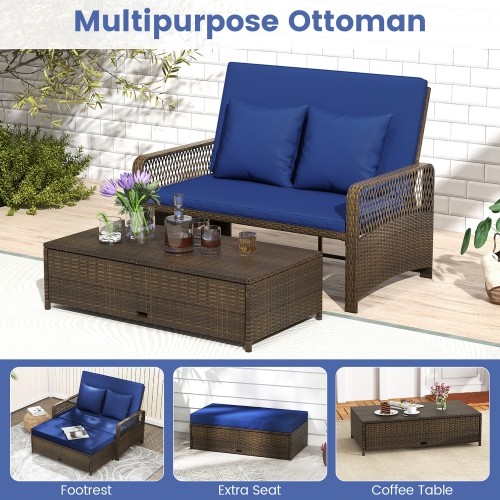 Gymax Patio Rattan Daybed Wicker Loveseat Sofa w/ Multifunctional Ottoman Navy