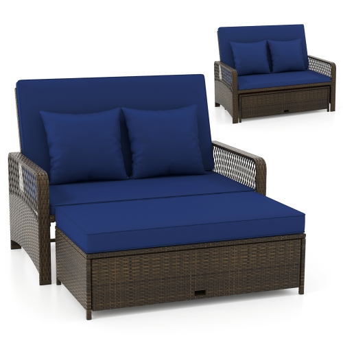Gymax Patio Rattan Daybed Wicker Loveseat Sofa w/ Multifunctional Ottoman Navy