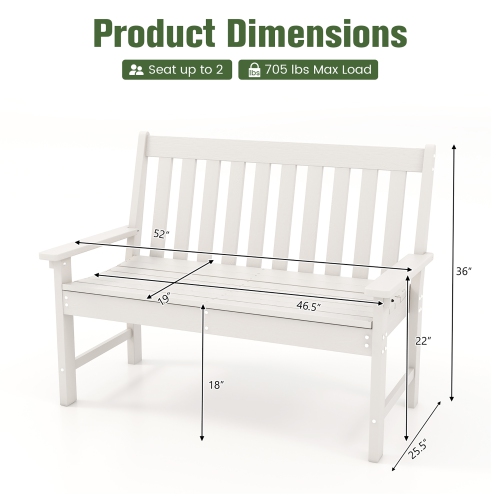 Gymax Garden Bench All-Weather HDPE 2-Person Outdoor Bench for Front Porch Backyard White