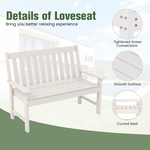 Gymax Garden Bench All-Weather HDPE 2-Person Outdoor Bench for Front Porch Backyard White