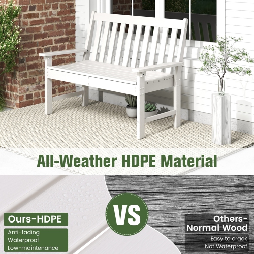 Gymax Garden Bench All-Weather HDPE 2-Person Outdoor Bench for Front Porch Backyard White