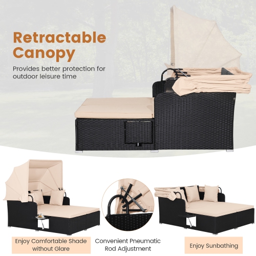 Gymax Patio Rattan Daybed Lounge Retractable Top Canopy Side Tables Cushions Beige