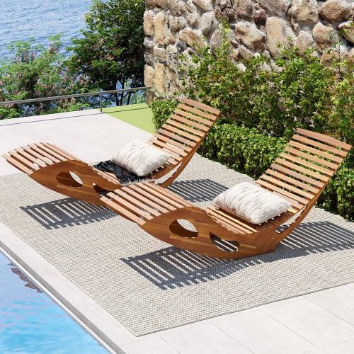 Gymax 2PCS Outdoor Chaise Lounge w/ High Back Slatted Seat Stopper Outside Wood Rocker