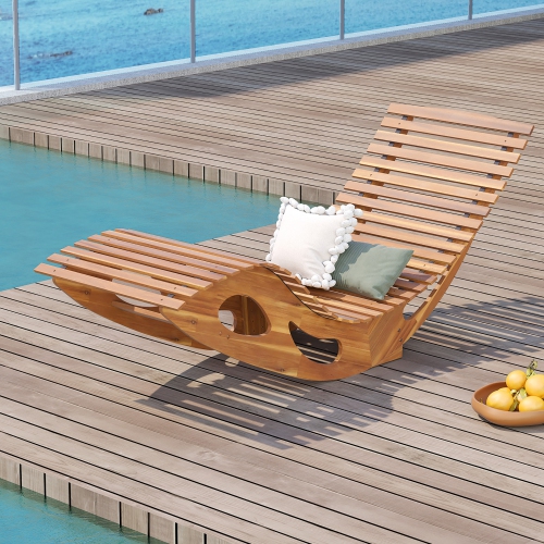 Gymax 2PCS Outdoor Chaise Lounge w/ High Back Slatted Seat Stopper Outside Wood Rocker