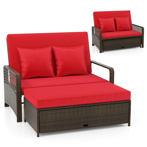 Gymax Patio Rattan Daybed Wicker Loveseat Sofa w/ Multifunctional Ottoman