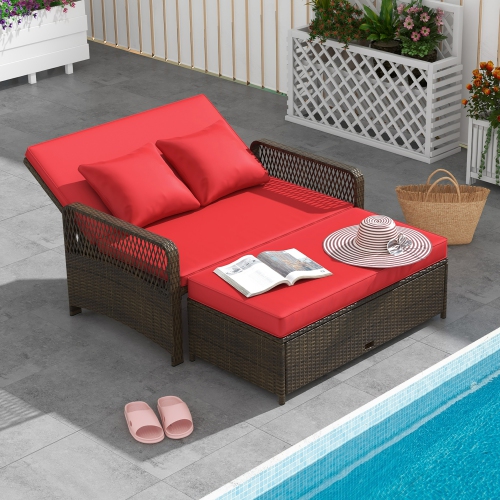 Gymax Patio Rattan Daybed Wicker Loveseat Sofa w/ Multifunctional Ottoman