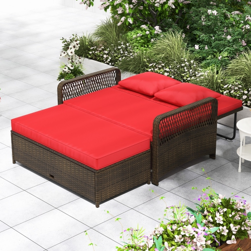 Gymax Patio Rattan Daybed Wicker Loveseat Sofa w/ Multifunctional Ottoman