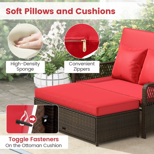 Gymax Patio Rattan Daybed Wicker Loveseat Sofa w/ Multifunctional Ottoman