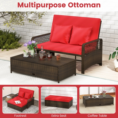 Gymax Patio Rattan Daybed Wicker Loveseat Sofa w/ Multifunctional Ottoman