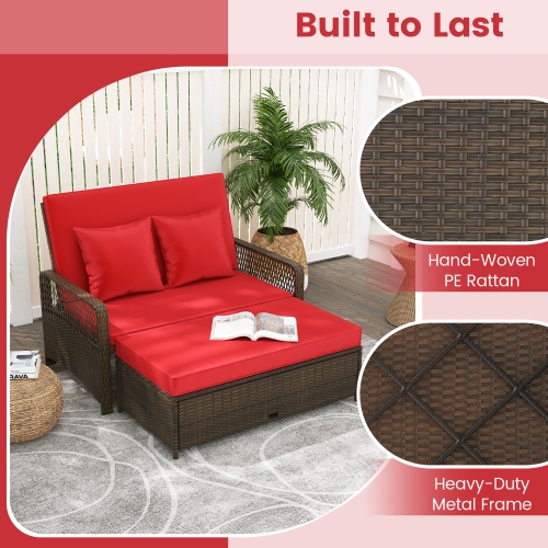 Gymax Patio Rattan Daybed Wicker Loveseat Sofa w/ Multifunctional Ottoman
