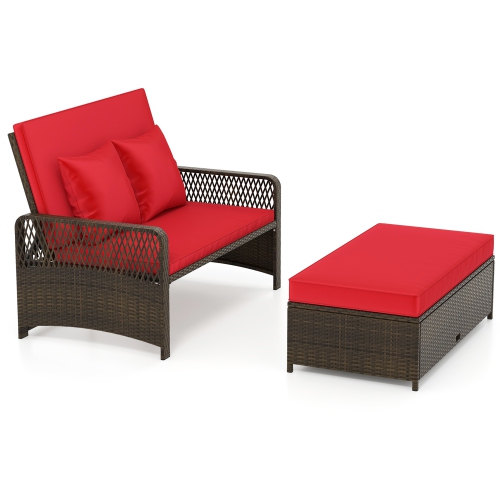 Gymax Patio Rattan Daybed Wicker Loveseat Sofa w/ Multifunctional Ottoman