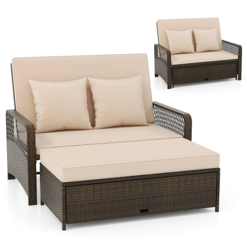 GYMAX  Patio Rattan Daybed Wicker Loveseat Sofa W/ Multifunctional Ottoman
