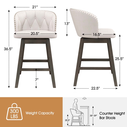 Tabourets de bar à hauteur de comptoir 4 PCS de Costway – Tabourets en îlot recouverts de tissu avec siège pivotant à 360°, beige