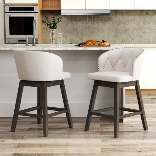 Costway 2 PCS Counter Height Bar Stools Fabric Upholstered Island Stools with 360° Swivel Seat Beige