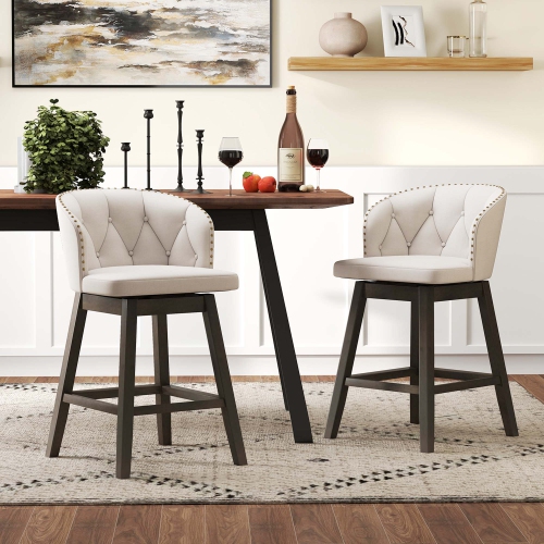 Costway 2 PCS Counter Height Bar Stools Fabric Upholstered Island Stools with 360° Swivel Seat Beige