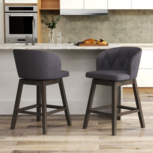 Costway 2 PCS Counter Height Bar Stools Fabric Upholstered Island Stools with 360° Swivel Seat Gray