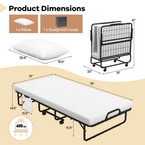 Gymax 75'' x 31'' Folding Bed w/ Memory Foam Mattress & Pillow Dust Cover Metal Frame