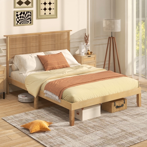 Gymax Twin/Full/Queen Size Bed Frame w/ Rattan Headboard 10 Solid Wood Legs & 12 Wooden Slats