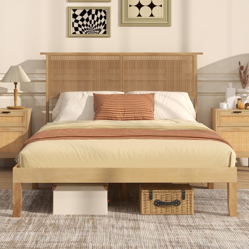 Gymax Twin/Full/Queen Size Bed Frame w/ Rattan Headboard 10 Solid Wood Legs & 12 Wooden Slats